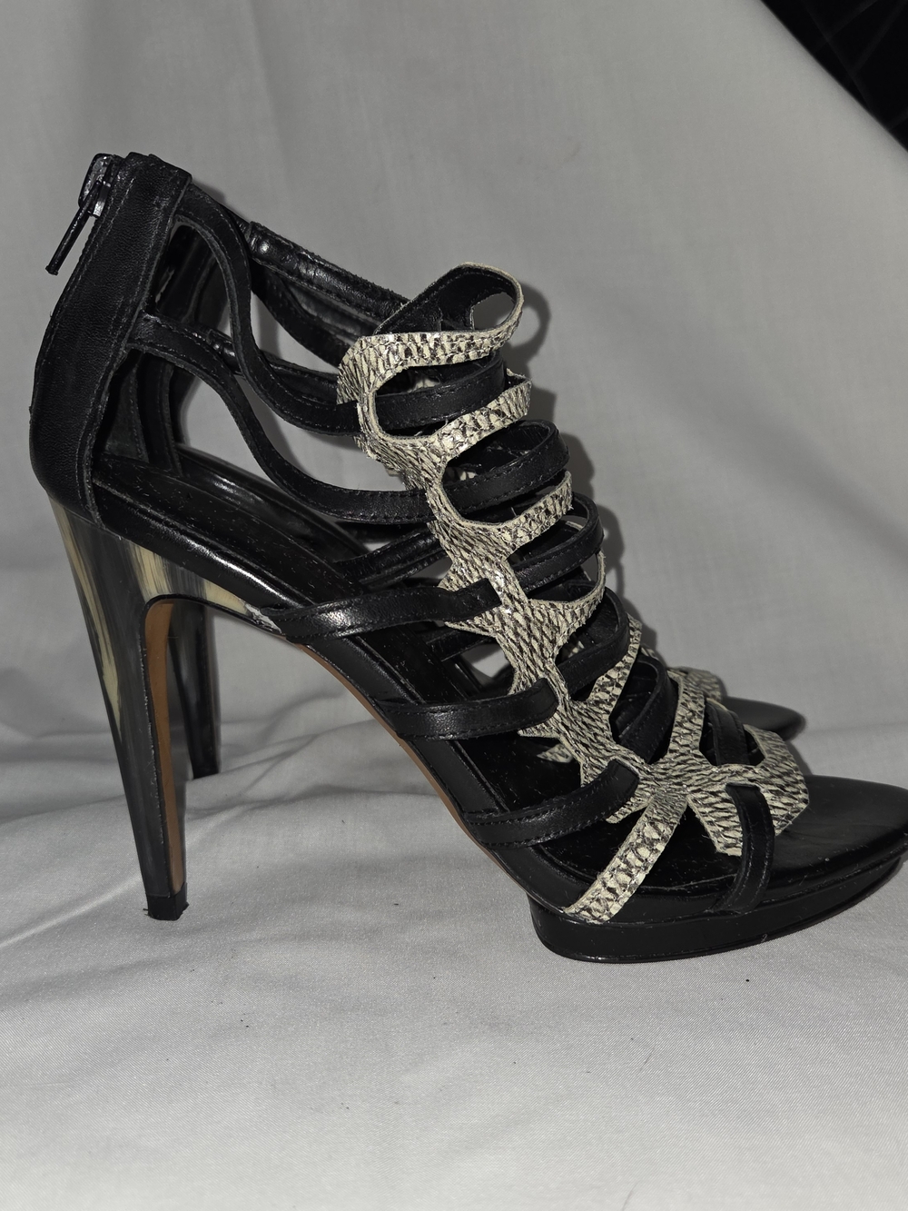 luxury rebel Black and Beige Snake-Print Strappy Stiletto Sandals